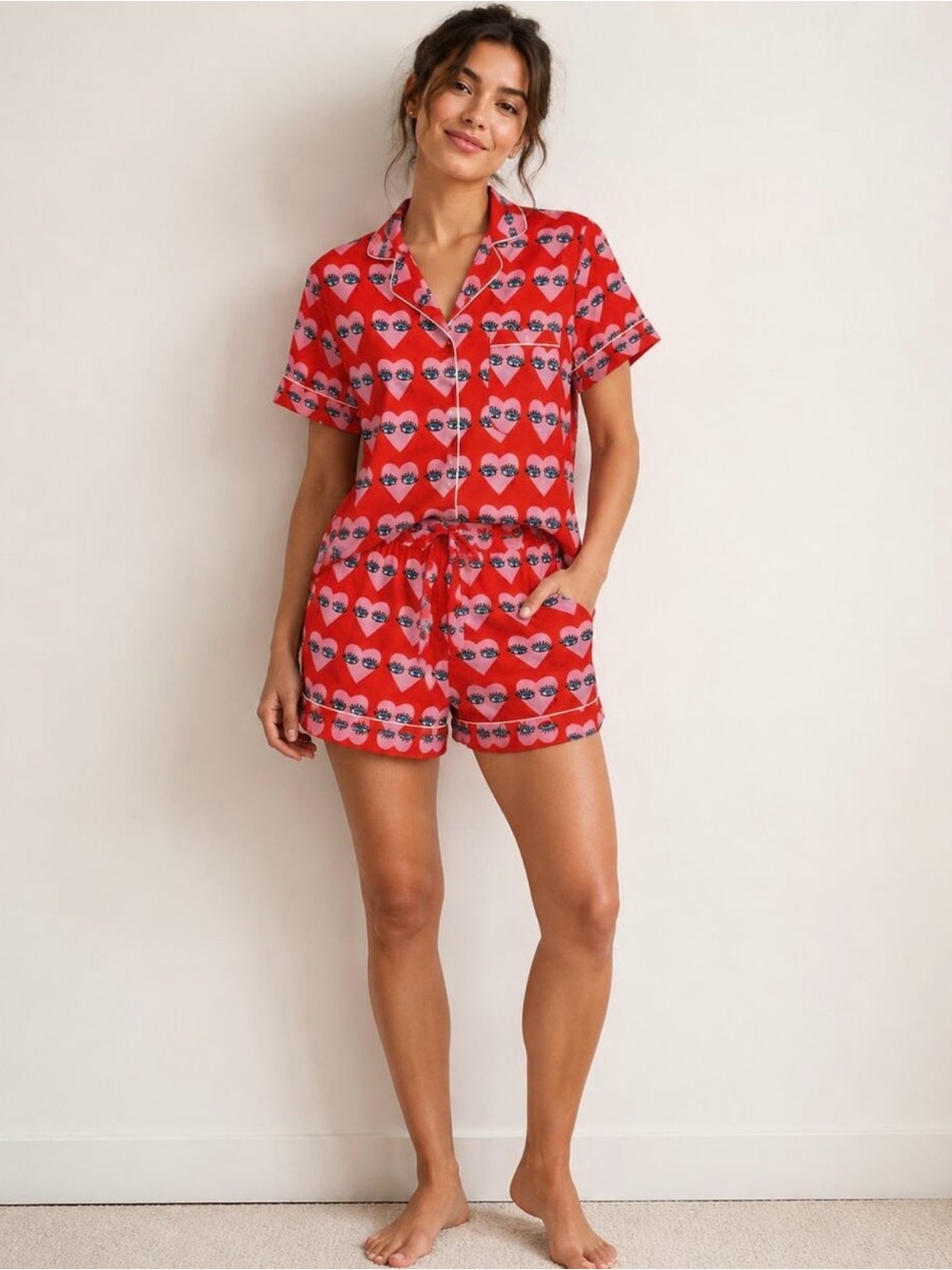 Bouffants & Broken Hearts Eye Print Pajama Set Size S Red Pink Sleepwear PJ Set